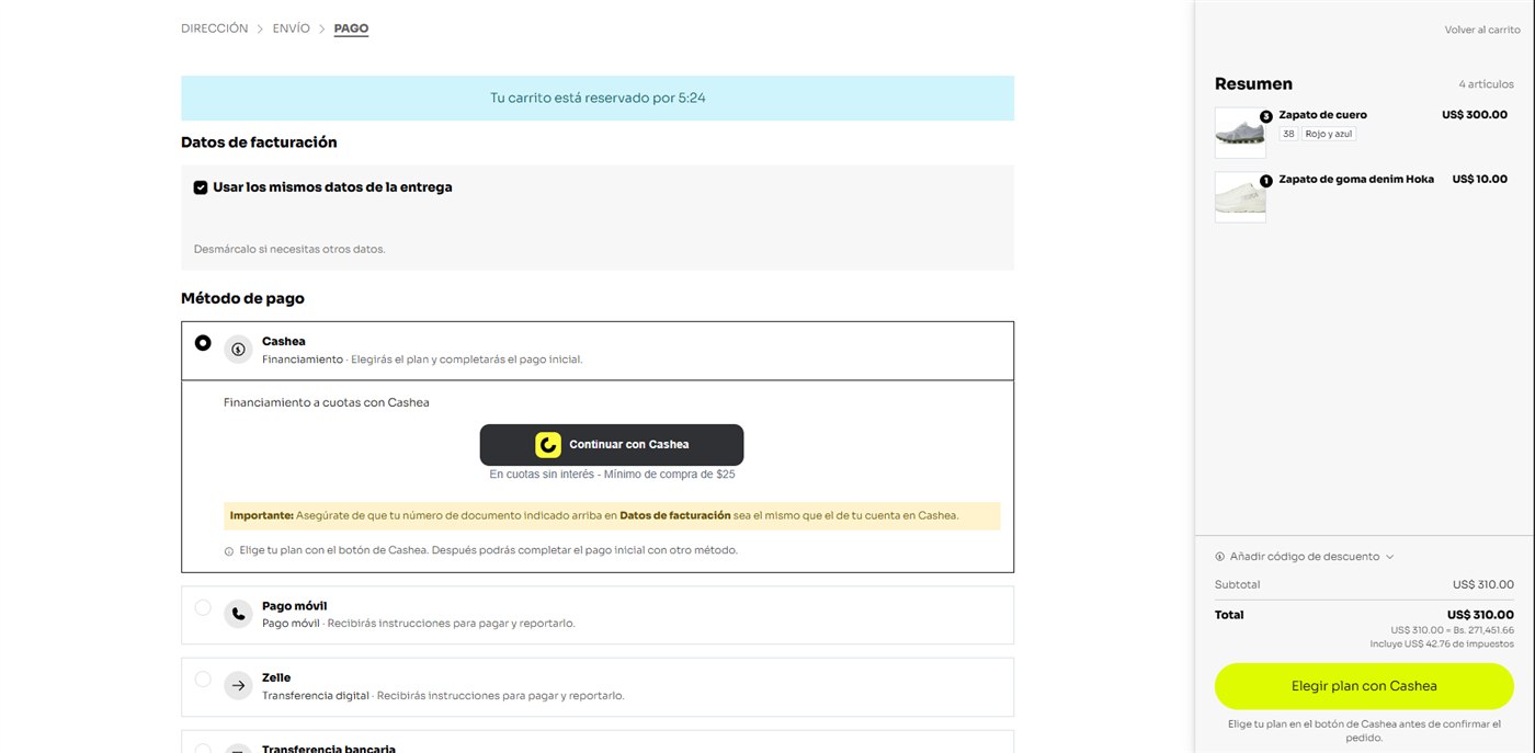 Checkout de una tienda Sellibrí con el botón Continuar con Cashea, financiamiento en cuotas sin interés desde $25