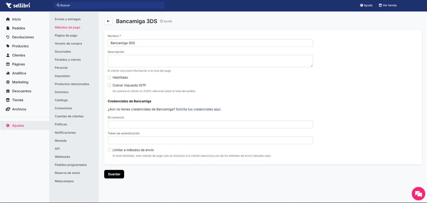 Pantalla de configuración de Bancamiga 3DS en Sellibrí: ID de comercio y token de autenticación para cobrar con tarjetas internacionales