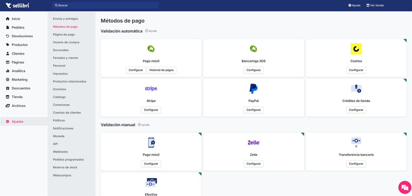 Panel de Sellibrí en Ajustes > Métodos de pago, con Pago móvil y Bancamiga 3DS en validación automática