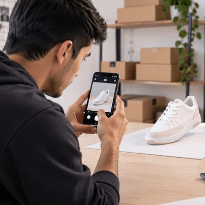 Emprendedor fotografiando un producto con su celular para su tienda online